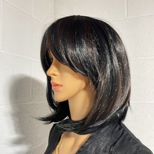 NWT black Cosplay wig above shoulder 11” shiny chestnut brown highlights bangs
